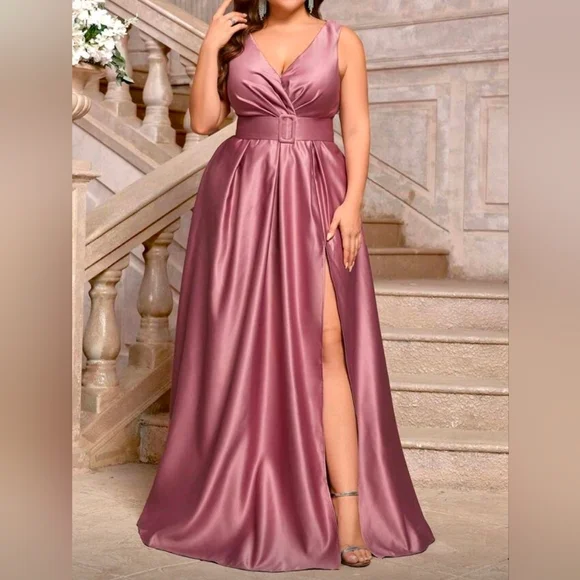 New Luxe Wrap Top Belted Maxi Dress PLUS Split Hem Sleeveless Pink